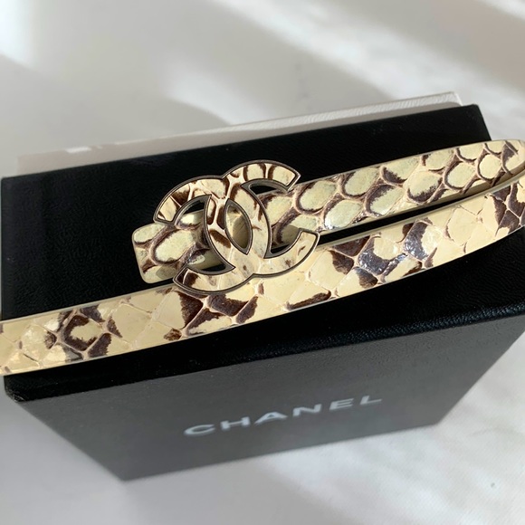 CHANEL Python Cream Brown Snake & Leather Skinny Belt CC Logo w/ Matte Silver HW - Picture 13 of 16